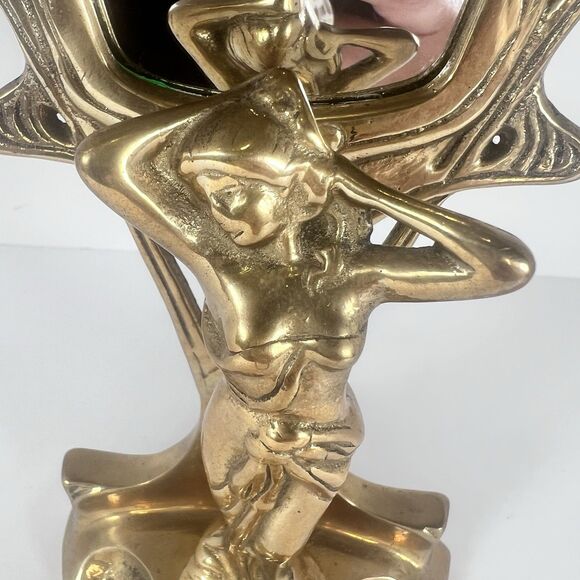 hand held Mirror Stand with Lady Figurine Nouveau cast Brass 11- 7/8" tall - Picture 7 of 15